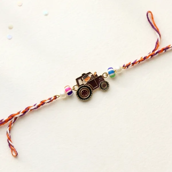 Antique_Bronze_Tractor_Charm_Rakhi_With_Multicolor_Beads_(Pack_Of_8)