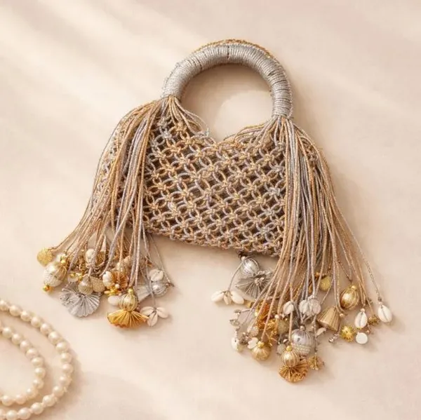 Beige_Macrame_Shell_Bead_Embellished_Handbag_For_Women