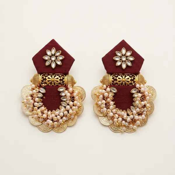 Maroon_Velvet_Kundan_Pearl_Tassel_Stud_Earrings_For_Women
