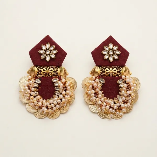 Maroon_Velvet_Kundan_Pearl_Tassel_Stud_Earrings_For_Women
