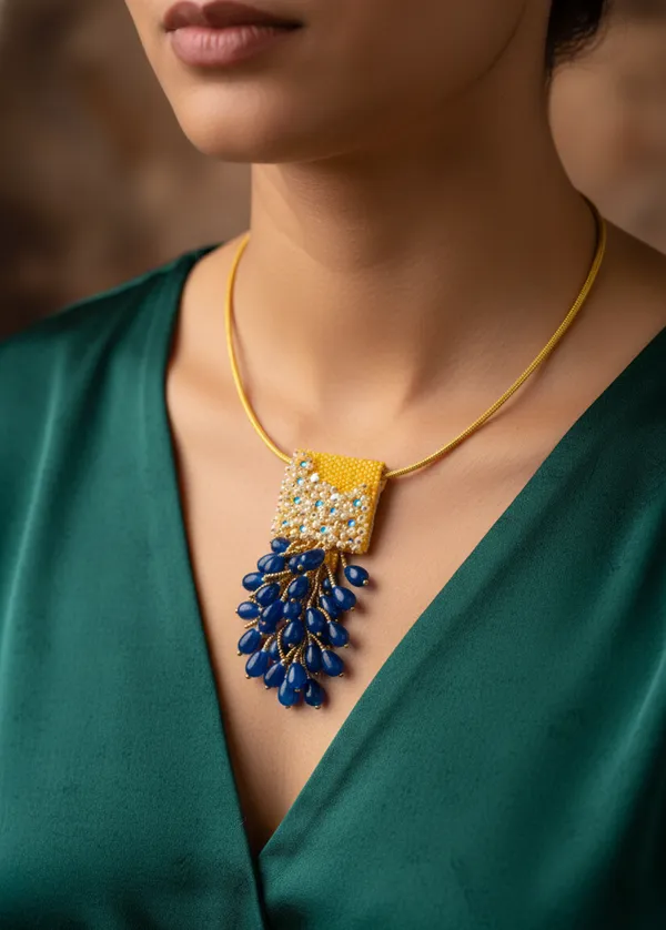 Blue_Beads_Pearl_Gold_Tone_Pendant_Necklace_For_Women