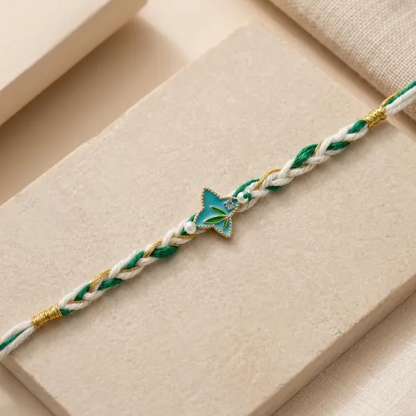 Green_And_White_Braided_Rakhi_With_Turquoise_Stone_Centerpiece_(Pack_Of_4)