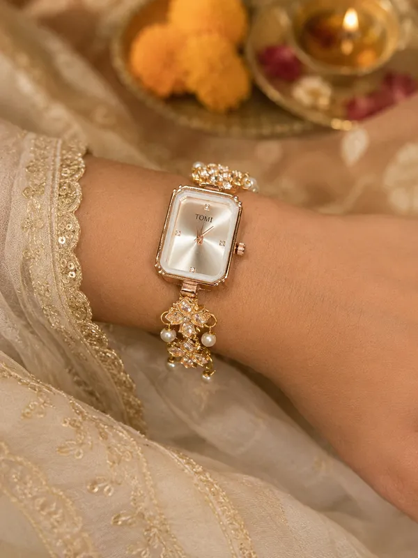 Gold_White_Pearl_Kundan_Bracelet_Watch_For_Women