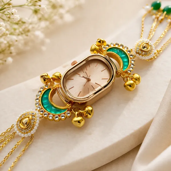 Green_Enamel_Kundan_Gold-Tone_Bracelet_Watch_For_Women