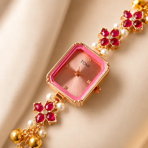 Pink_Metal_Pearl_Floral_Embellished_Bracelet_Watch_For_Women