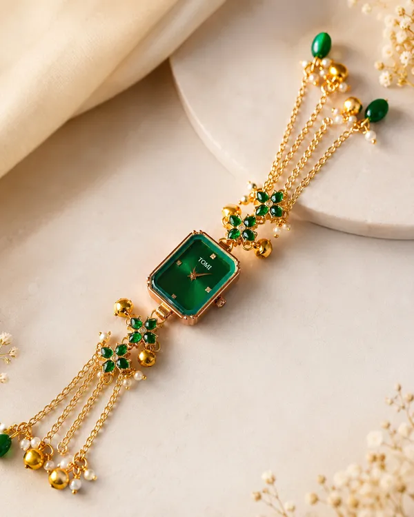 Green_Gold_Tone_Chain_Floral_Kundan_Bracelet_Watch_For_Women