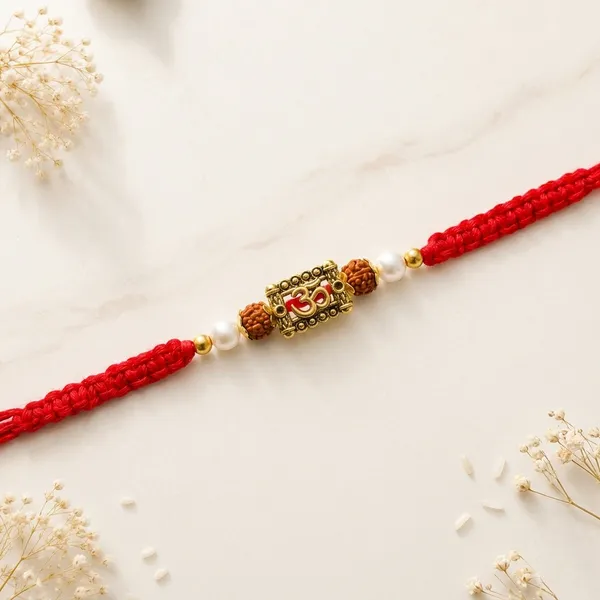 Red_Braided_Thread_Rakhi_With_Golden_Beads_And_Rudraksha_(Pack_Of_8)