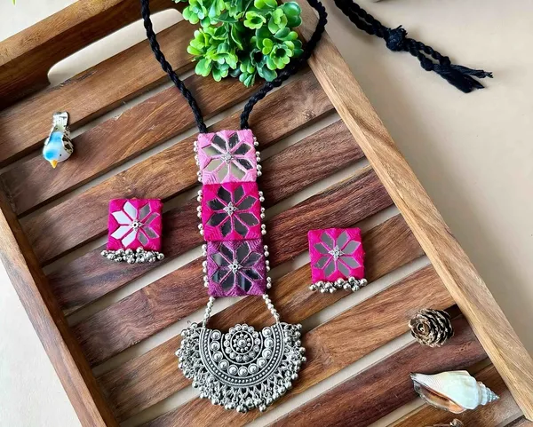 Pink_Fabric_Floral_Embroidered_Oxidized_Metal_Necklace_Set_For_Women