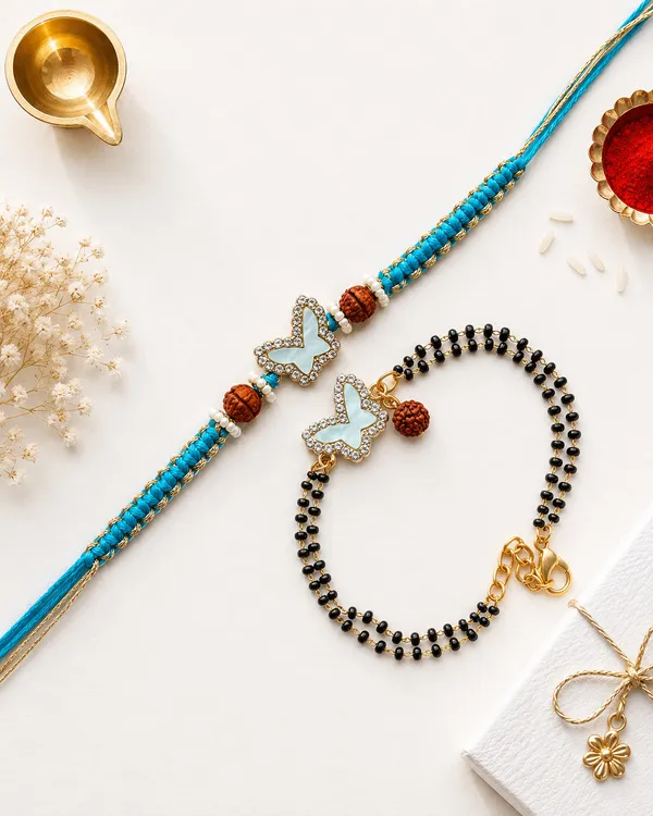 Gold_Butterfly_Rakhi_Set_With_Blue_Beaded_Thread_And_Rudraksha_(Pack_Of_2)
