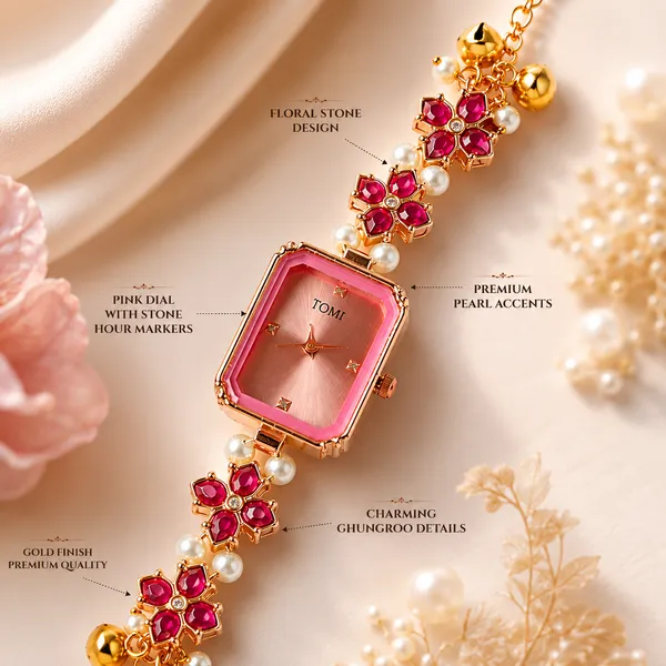 Pink_Metal_Pearl_Floral_Embellished_Bracelet_Watch_For_Women