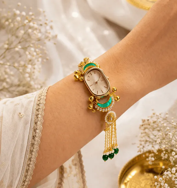 Green_Enamel_Kundan_Gold-Tone_Bracelet_Watch_For_Women
