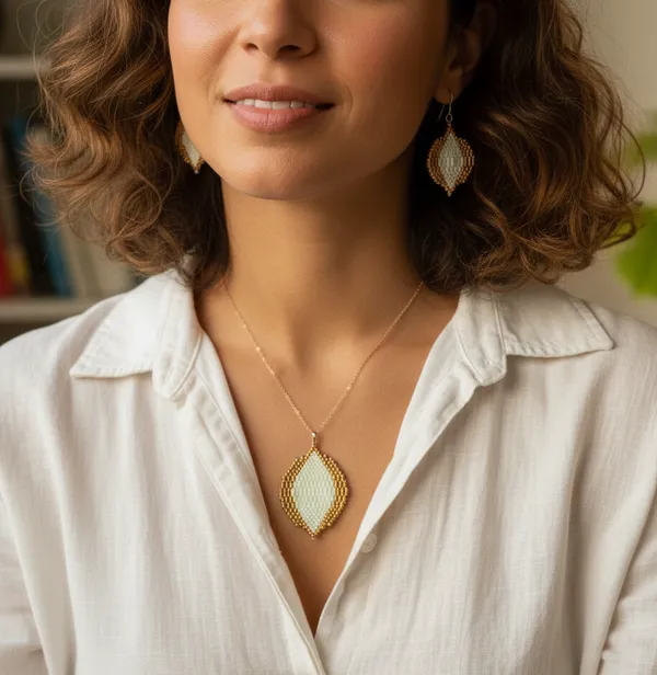 Gold_Ivory_Beaded_Leaf_Pendant_Necklace_And_Earrings_Set_For_Women