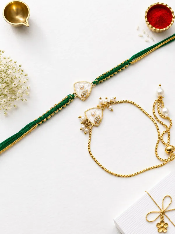 Green_And_Gold_Designer_Pearl_Rakhi_Lumba_Set_(Pack_Of_2)
