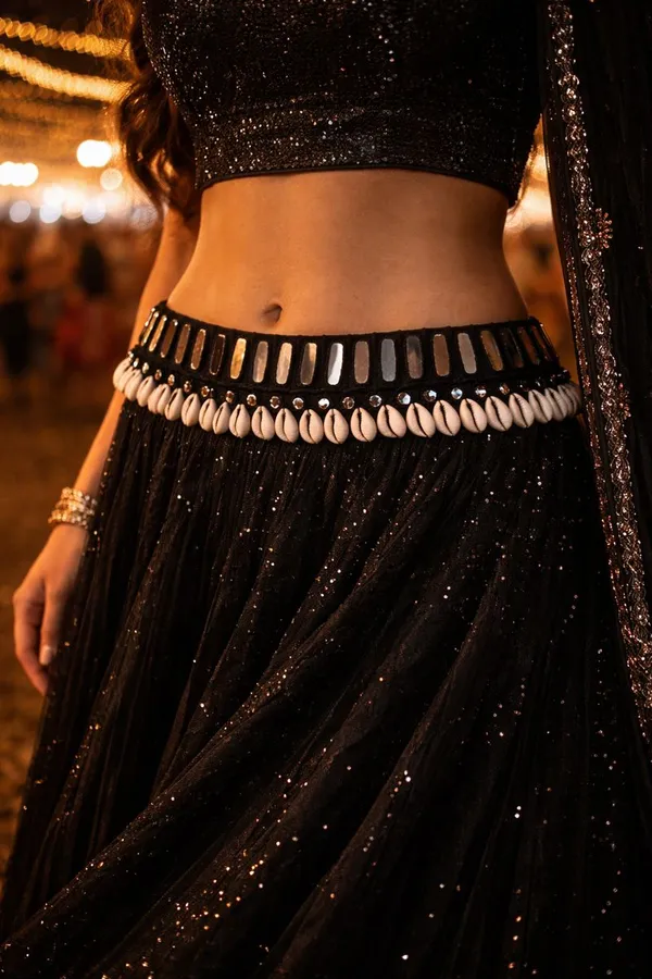 Black_Fabric_Shell_Mirror_Embellished_Waist_Belt_For_Women
