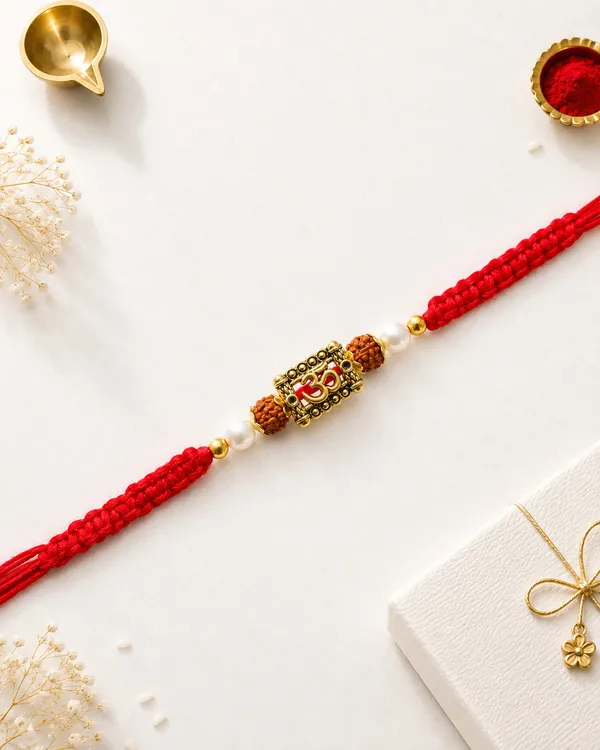 Red_Braided_Thread_Rakhi_With_Golden_Beads_And_Rudraksha_(Pack_Of_8)