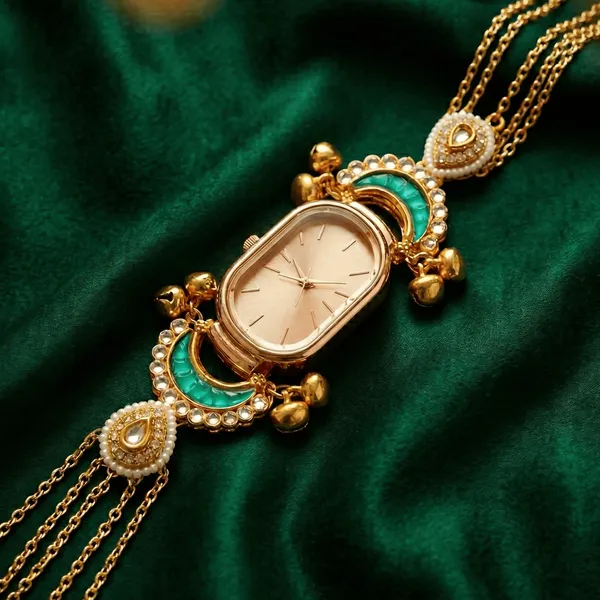 Green_Enamel_Kundan_Gold-Tone_Bracelet_Watch_For_Women