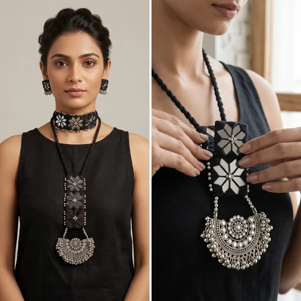 Black_Fabric_Floral_Embroidered_Oxidized_Metal_Necklace_Set_For_Women
