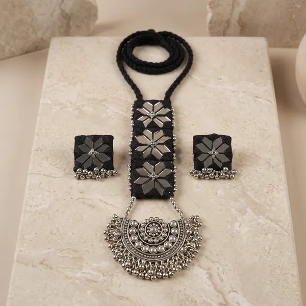 Black_Fabric_Floral_Embroidered_Oxidized_Metal_Necklace_Set_For_Women