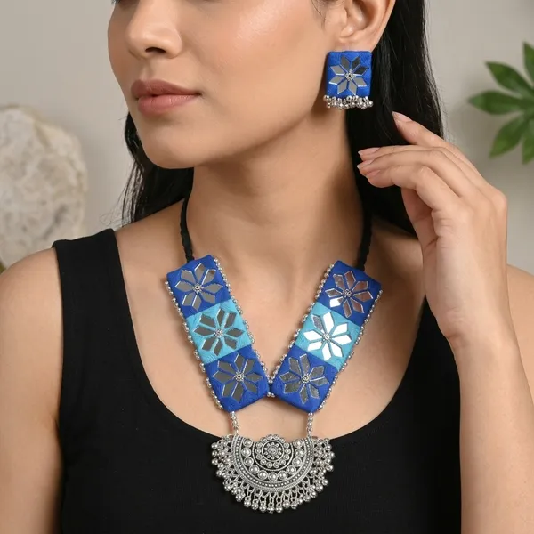 Blue_Fabric_Floral_Embroidered_Oxidized_Metal_Necklace_Set_For_Women