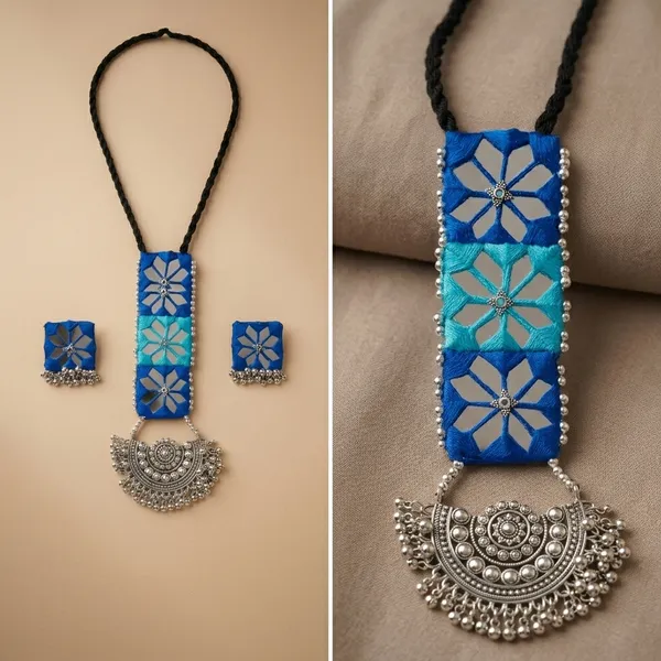 Blue_Fabric_Floral_Embroidered_Oxidized_Metal_Necklace_Set_For_Women
