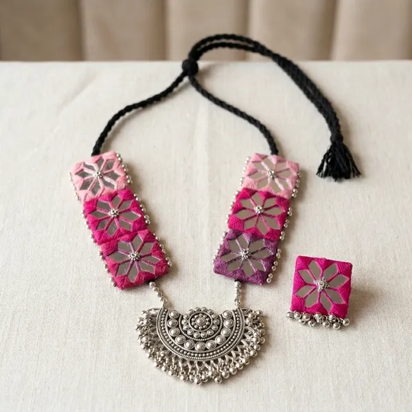 Pink_Fabric_Floral_Embroidered_Oxidized_Metal_Necklace_Set_For_Women