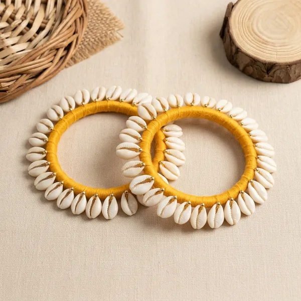 Yellow_Fabric_Cowrie_Shell_Handcrafted_Bangles_For_Women_Set_Of_2