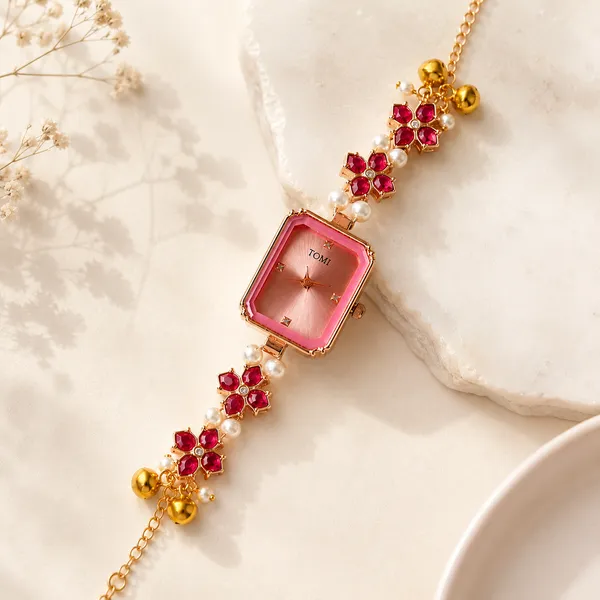Pink_Metal_Pearl_Floral_Embellished_Bracelet_Watch_For_Women