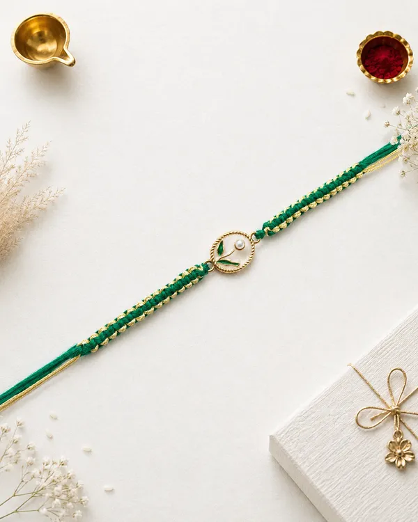 Gold-Toned_Green_Thread_Peacock_Rakhi_Bracelet_(Pack_Of_6)