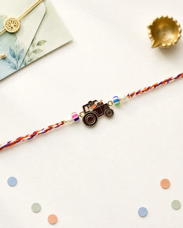 Antique_Bronze_Tractor_Charm_Rakhi_With_Multicolor_Beads_(Pack_Of_8)