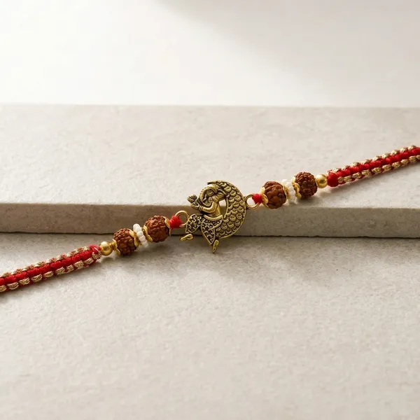 Gold_Peacock_Rudraksha_Rakhi_With_Red_Beads_(Pack_Of_6)