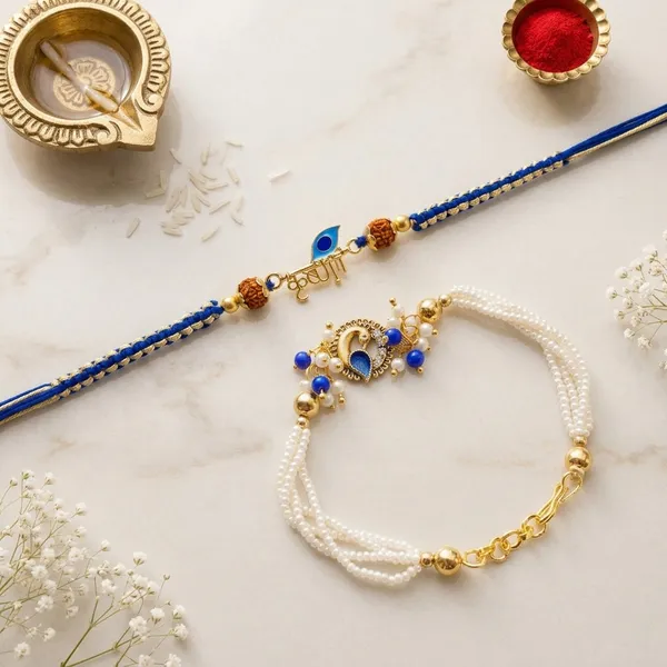 Blue_Beaded_Rakhi_With_Pearl_Lumba_Set_For_Bhaiya_Bhabhi_(Pack_Of_2)