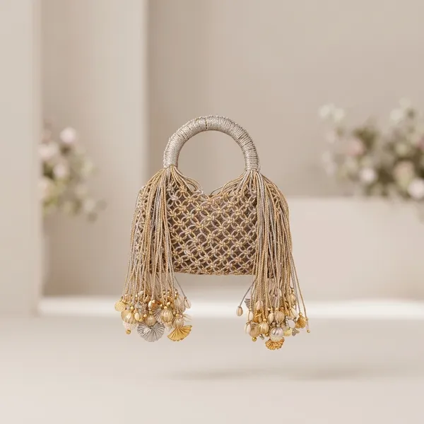 Beige_Macrame_Shell_Bead_Embellished_Handbag_For_Women