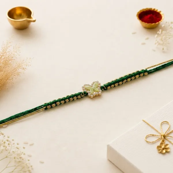 Green_Velvet_Rakhi_With_Golden_Butterfly_Charm_(Pack_Of_5)