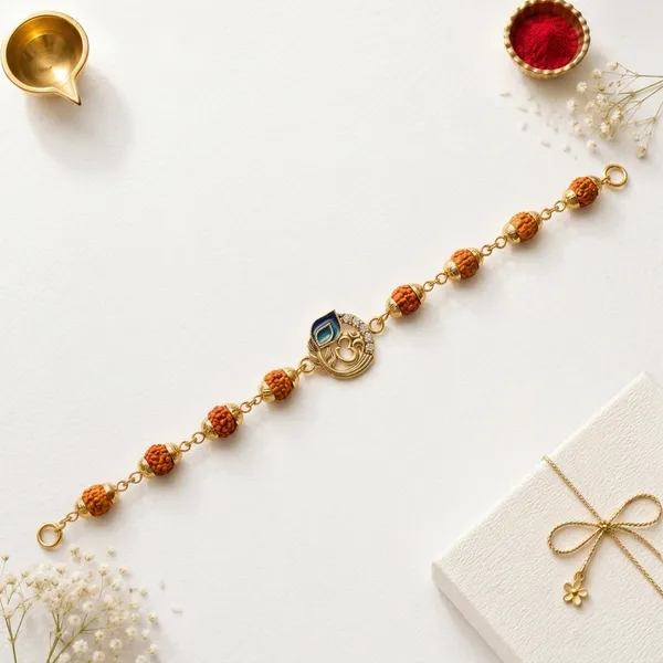 Golden_Rudraksha_Om_Rakhi_With_Beads_And_Peacock_Pendant_(Pack_Of_3)