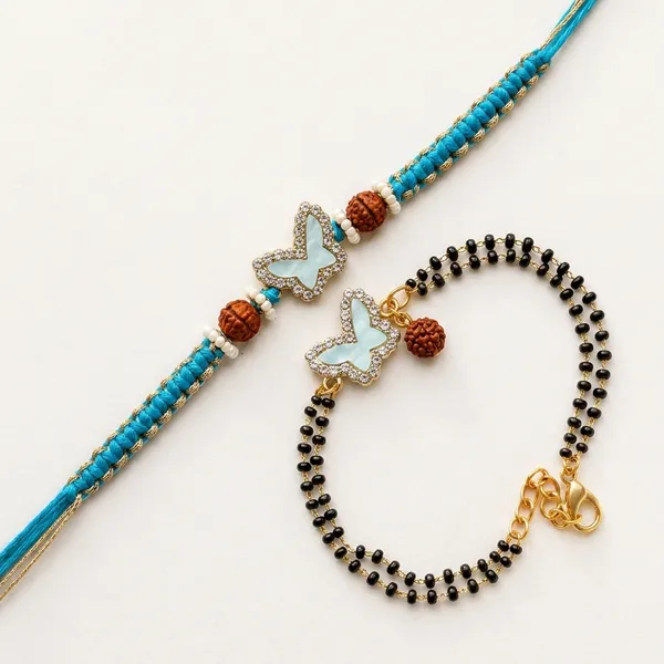 Gold_Butterfly_Rakhi_Set_With_Blue_Beaded_Thread_And_Rudraksha_(Pack_Of_2)