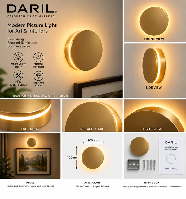 Daril_6W_1204_100Mm_Gold_Decorative_Led_Picture_Light