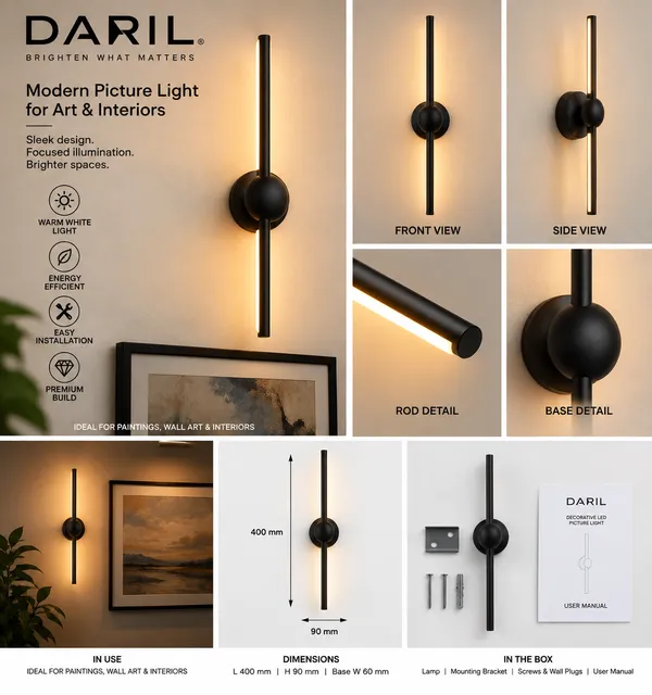 Daril_12W_1203-400Mm_Black_Decorative_Led_Picture_Light