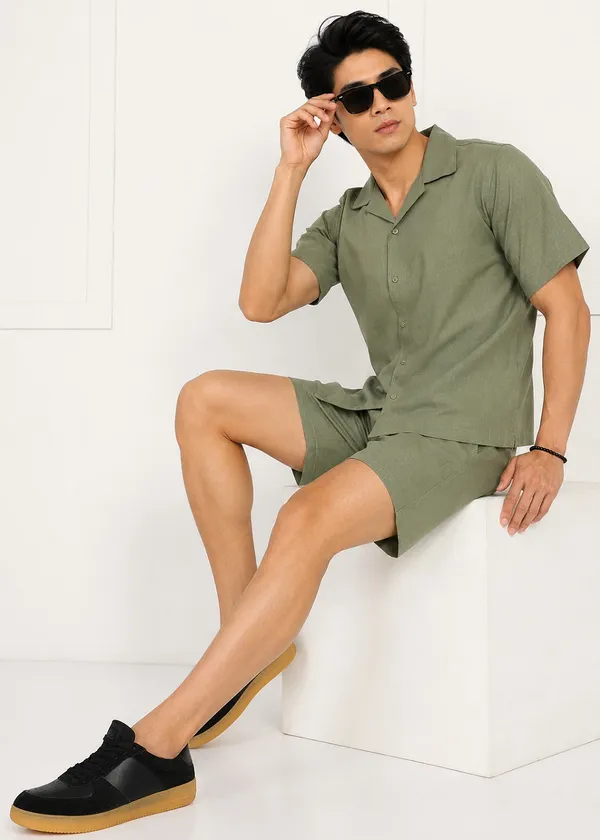 Olive_Green___Short_Sleeve_Shirt_And_Shorts_Set_For_Men