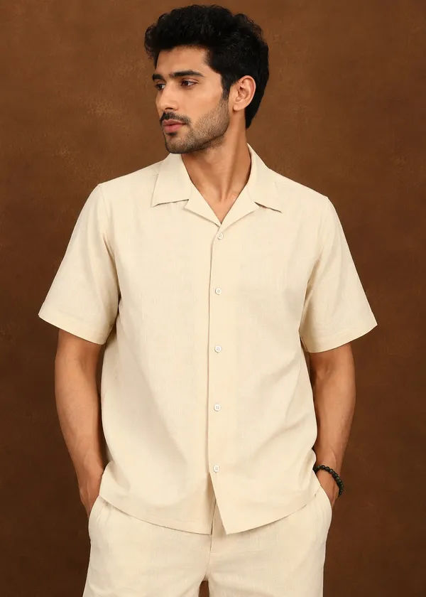 Cream_Linen_Short_Sleeve_Shirt_And_Trouser_Co-Ord_Set_For_Men
