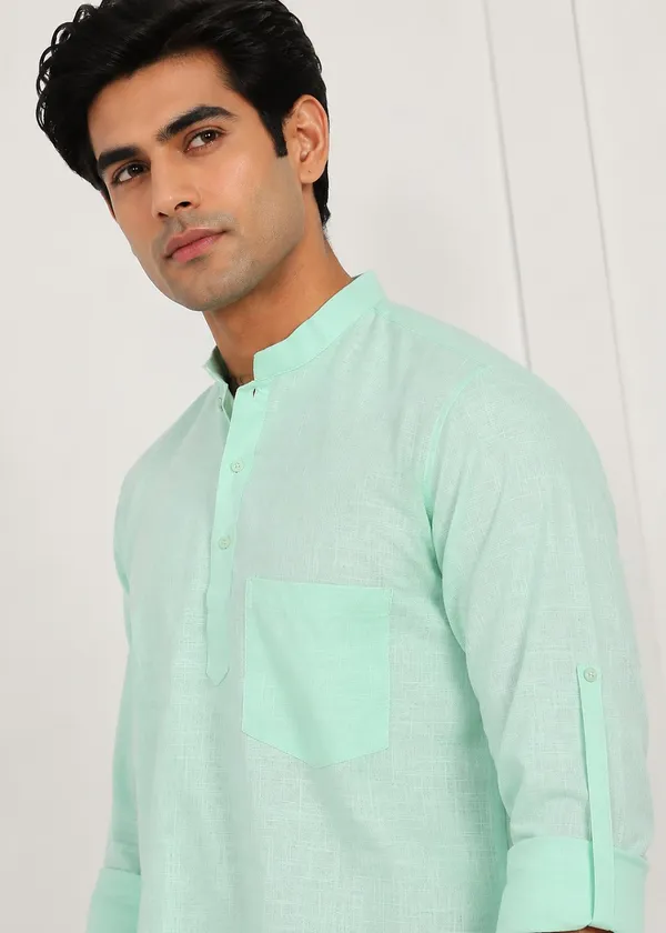 Light_Green_Linen_Mandarin_Collar_Short_Kurta_for_Men
