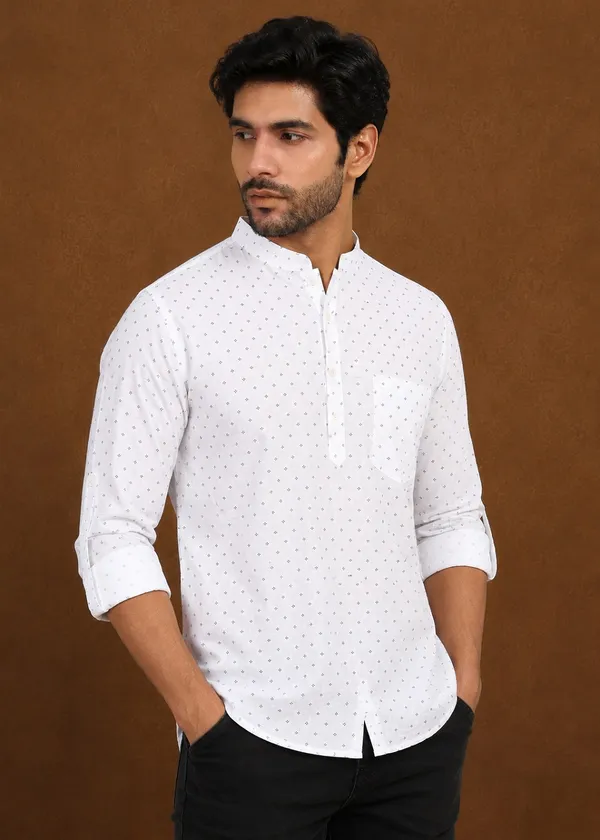 White___Dobby_Mandarin_Collar_Kurta_for_Men