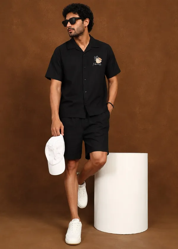 Black_Handmade_printed_Shirt_And_Shorts_Set_For_Men