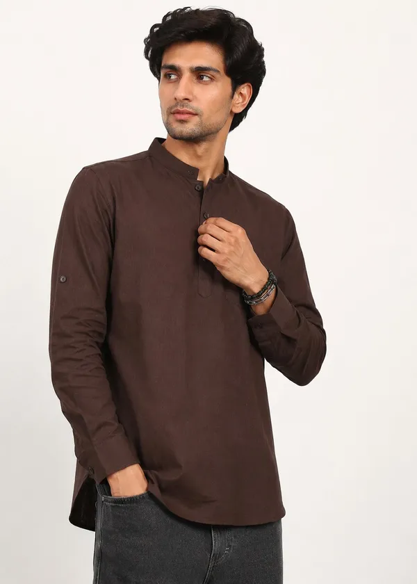 Brown___Mandarin_Collar_Short_Kurta_for_Men