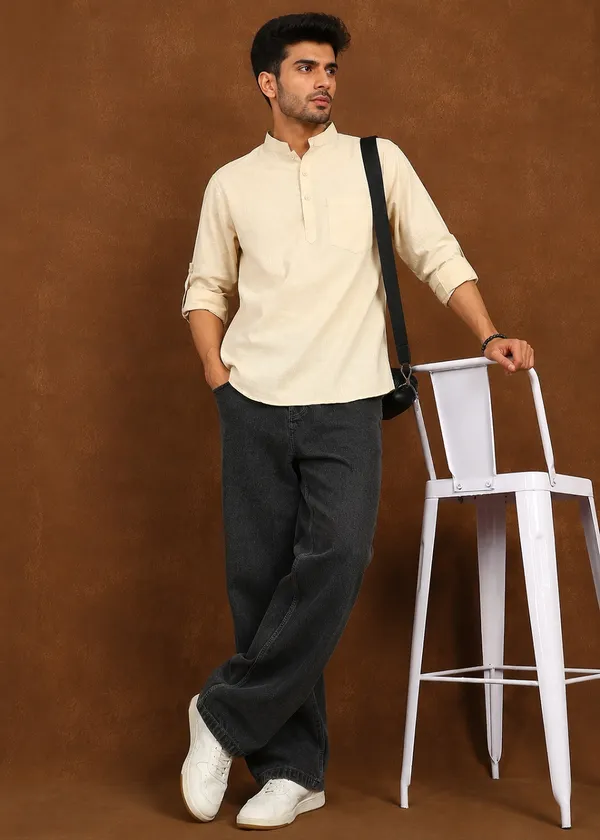 Beige___Mandarin_Collar_Short_Kurta_for_Men