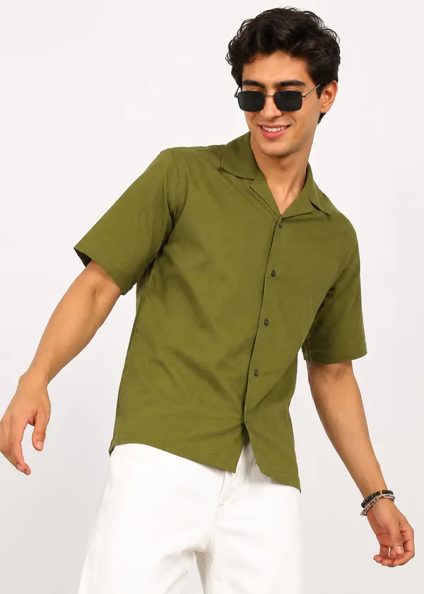 Olive_Green_Linen_Short_Sleeve_Shirt_for_Men