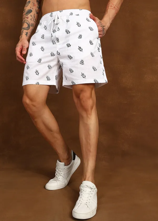 White_Leaf_Printed___Casual_Shorts_for_Men