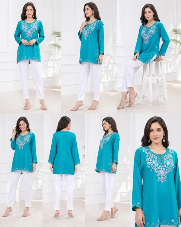 Turquoise_printed_Short_Kurti_for_Women