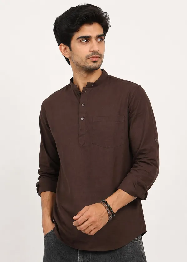Brown___Mandarin_Collar_Short_Kurta_for_Men