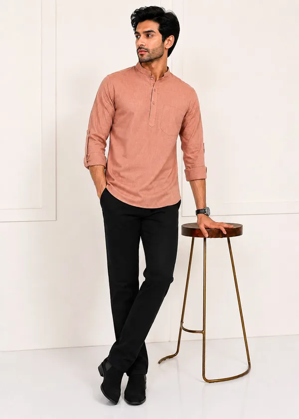 Peach___Mandarin_Collar_Long_Sleeve_Kurta_for_Men