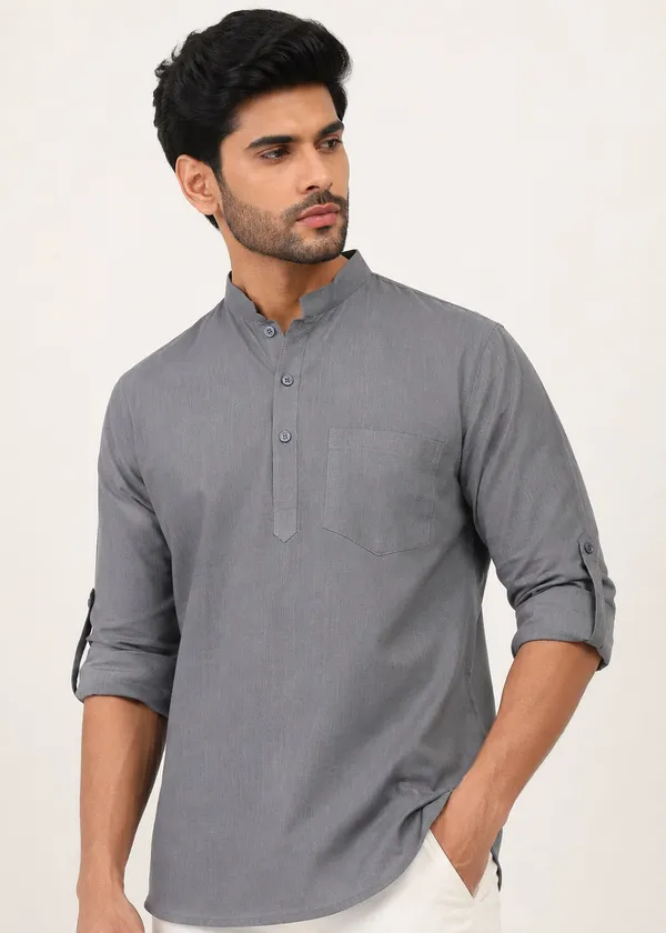 Grey___Mandarin_Collar_Casual_Short_Kurta_for_Men